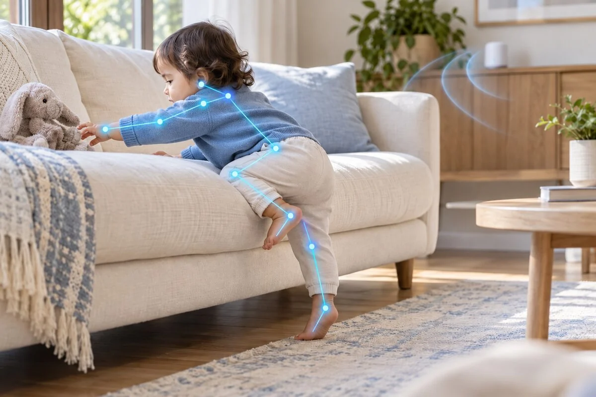 A child climbing near a sofa with a soft kinematic posture-detection overlay