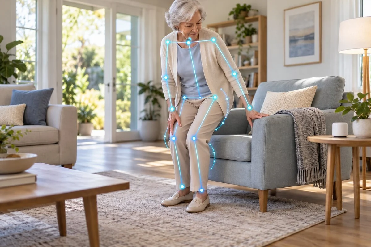 An older adult standing safely from a chair with a soft kinematic posture-detection overlay