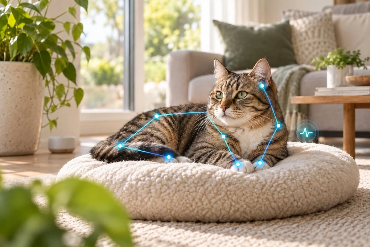 A cat resting comfortably with a soft pose and activity-detection overlay